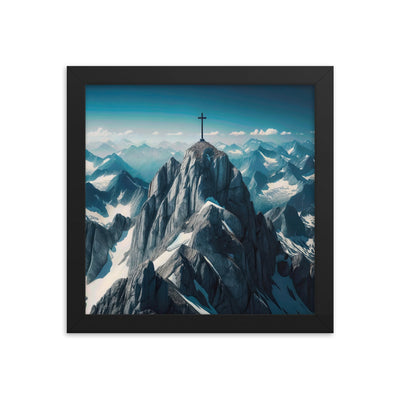 Foto der Alpen mit Gipfelkreuz an einem klaren Tag, schneebedeckte Spitzen vor blauem Himmel - Premium Poster mit Rahmen berge xxx yyy zzz 25.4 x 25.4 cm