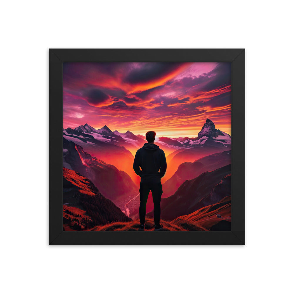 Foto der Schweizer Alpen im Sonnenuntergang, Himmel in surreal glänzenden Farbtönen - Premium Poster mit Rahmen wandern xxx yyy zzz 25.4 x 25.4 cm