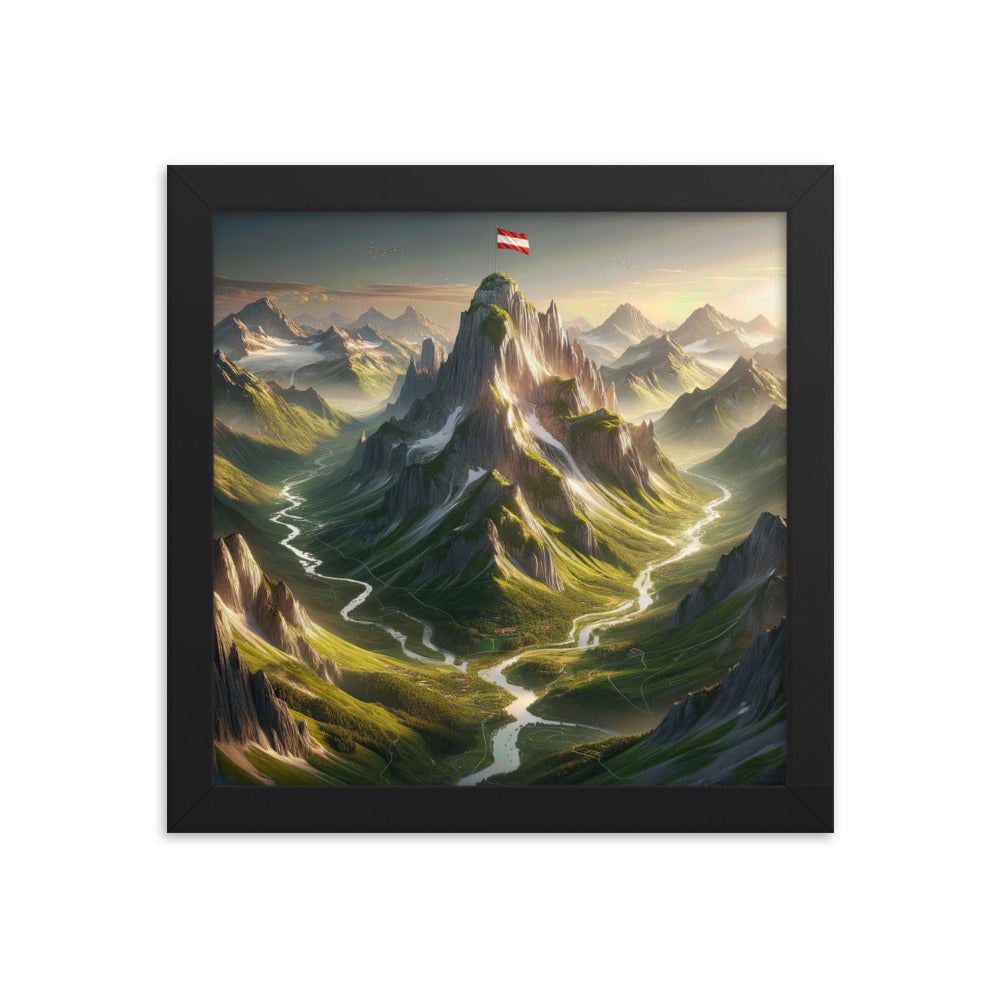 Fotorealistisches Bild der Alpen mit österreichischer Flagge, scharfen Gipfeln und grünen Tälern - Enhanced Matte Paper Framed Poster berge xxx yyy zzz 25.4 x 25.4 cm