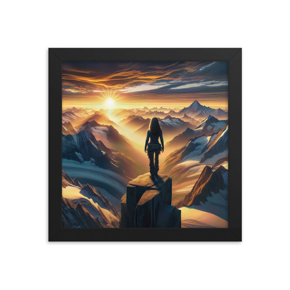 Fotorealistische Darstellung der Alpen bei Sonnenaufgang, Wanderin unter einem gold-purpurnen Himmel - Enhanced Matte Paper Framed wandern xxx yyy zzz 25.4 x 25.4 cm