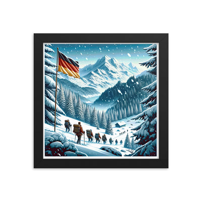 Quadratische Winterillustration der Alpen mit deutscher Flagge und Wanderteam - Premium Poster mit Rahmen wandern xxx yyy zzz 25.4 x 25.4 cm