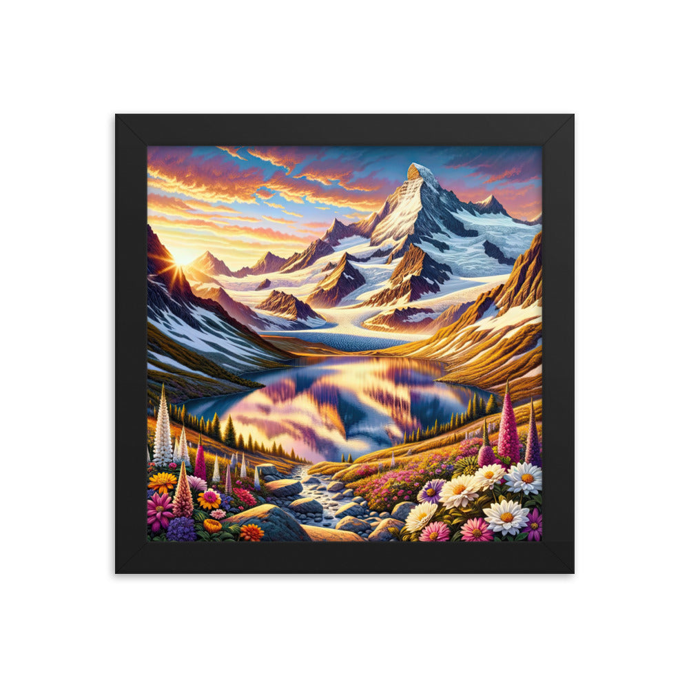 Quadratische Illustration der Alpen mit schneebedeckten Gipfeln und Wildblumen - Premium Poster mit Rahmen berge xxx yyy zzz 25.4 x 25.4 cm