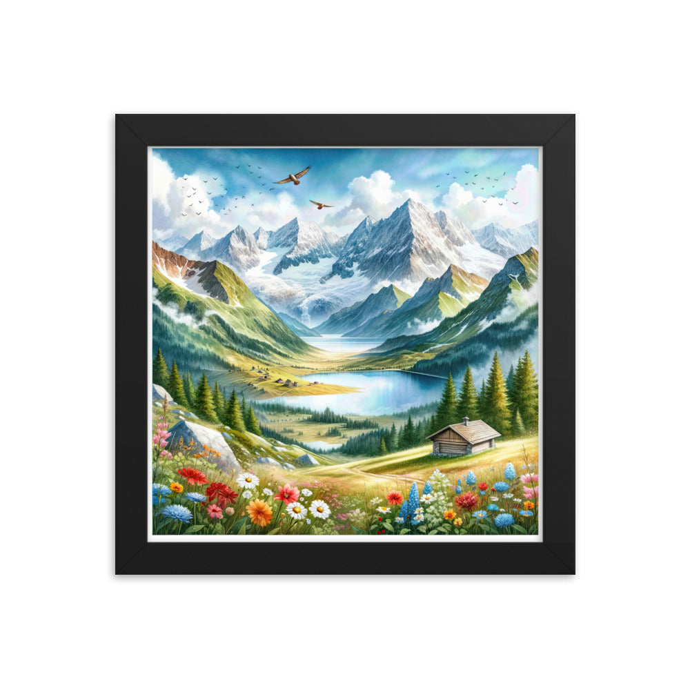 Quadratisches Aquarell der Alpen, Berge mit schneebedeckten Spitzen - Premium Poster mit Rahmen berge xxx yyy zzz 25.4 x 25.4 cm