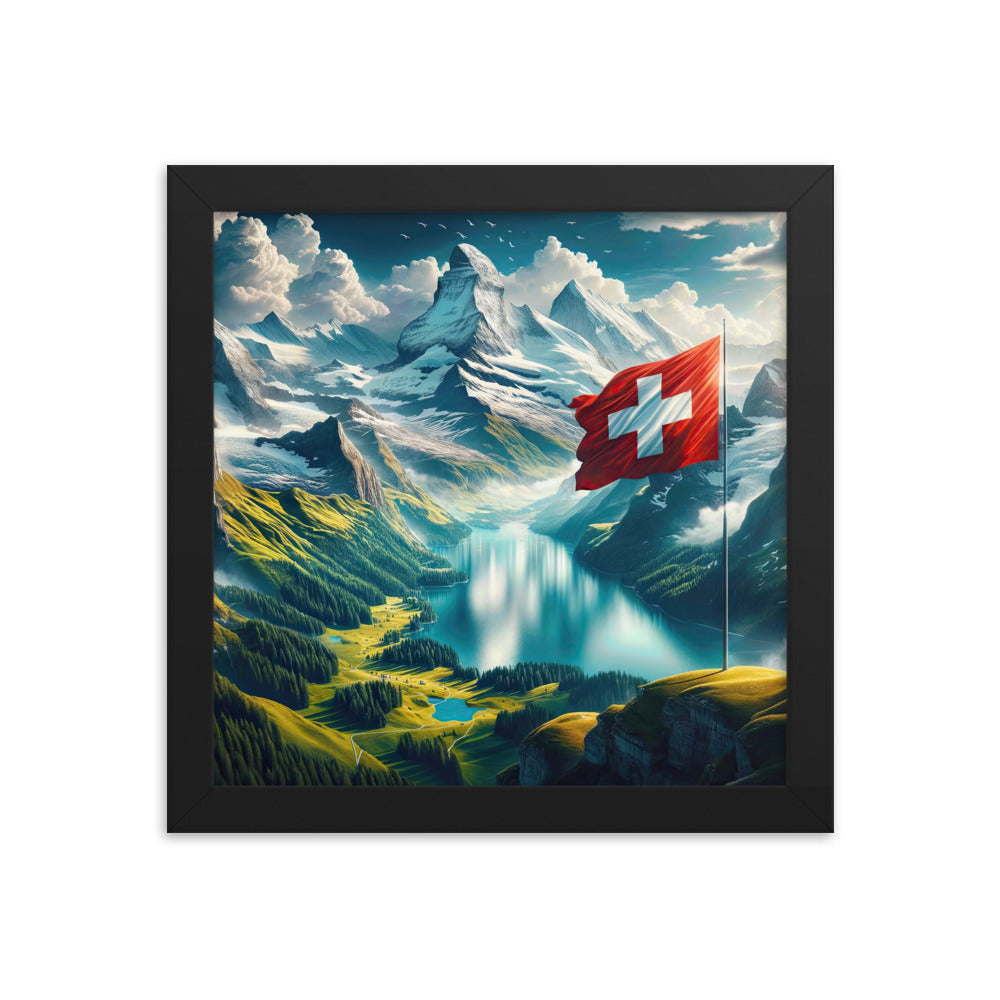 Ultraepische, fotorealistische Darstellung der Schweizer Alpenlandschaft mit Schweizer Flagge - Premium Poster mit Rahmen berge xxx yyy zzz 25.4 x 25.4 cm
