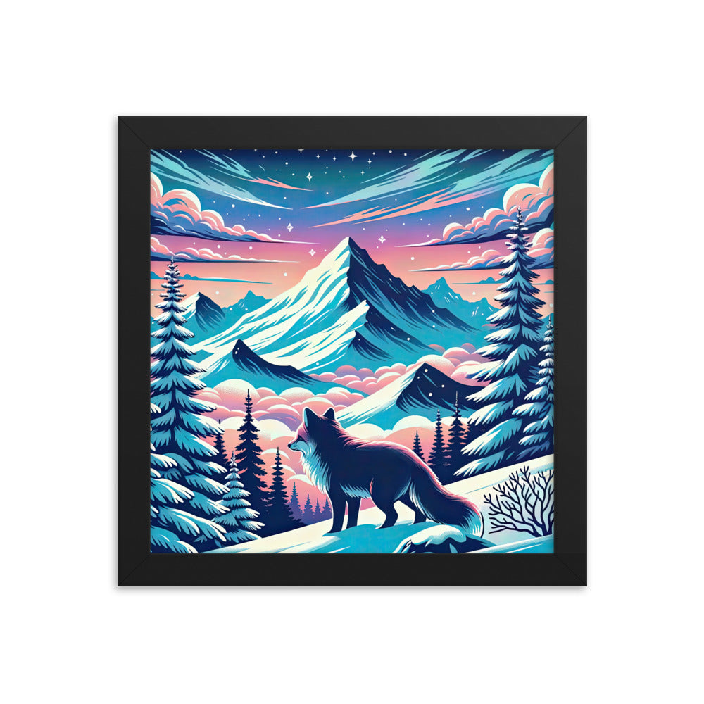 Vektorgrafik eines alpinen Winterwunderlandes mit schneebedeckten Kiefern und einem Fuchs - Premium Poster mit Rahmen camping xxx yyy zzz 25.4 x 25.4 cm