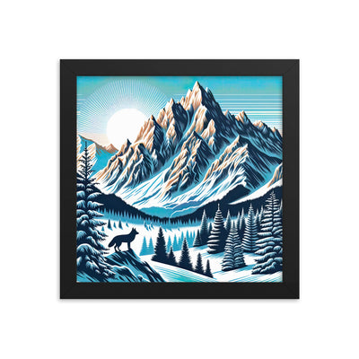 Vektorgrafik eines Wolfes im winterlichen Alpenmorgen, Berge mit Schnee- und Felsmustern - Premium Poster mit Rahmen berge xxx yyy zzz 25.4 x 25.4 cm