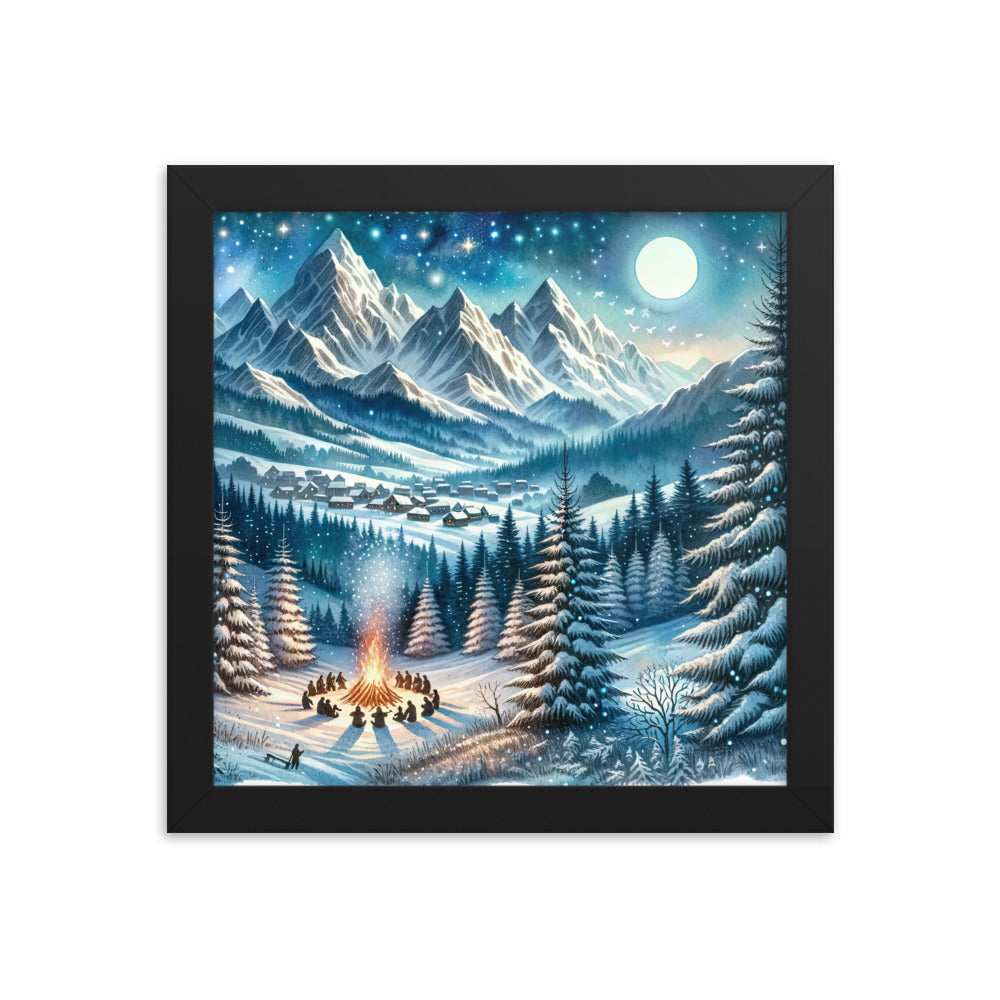 Aquarell eines Winterabends in den Alpen mit Lagerfeuer und Wanderern, glitzernder Neuschnee - Premium Poster mit Rahmen camping xxx yyy zzz 25.4 x 25.4 cm