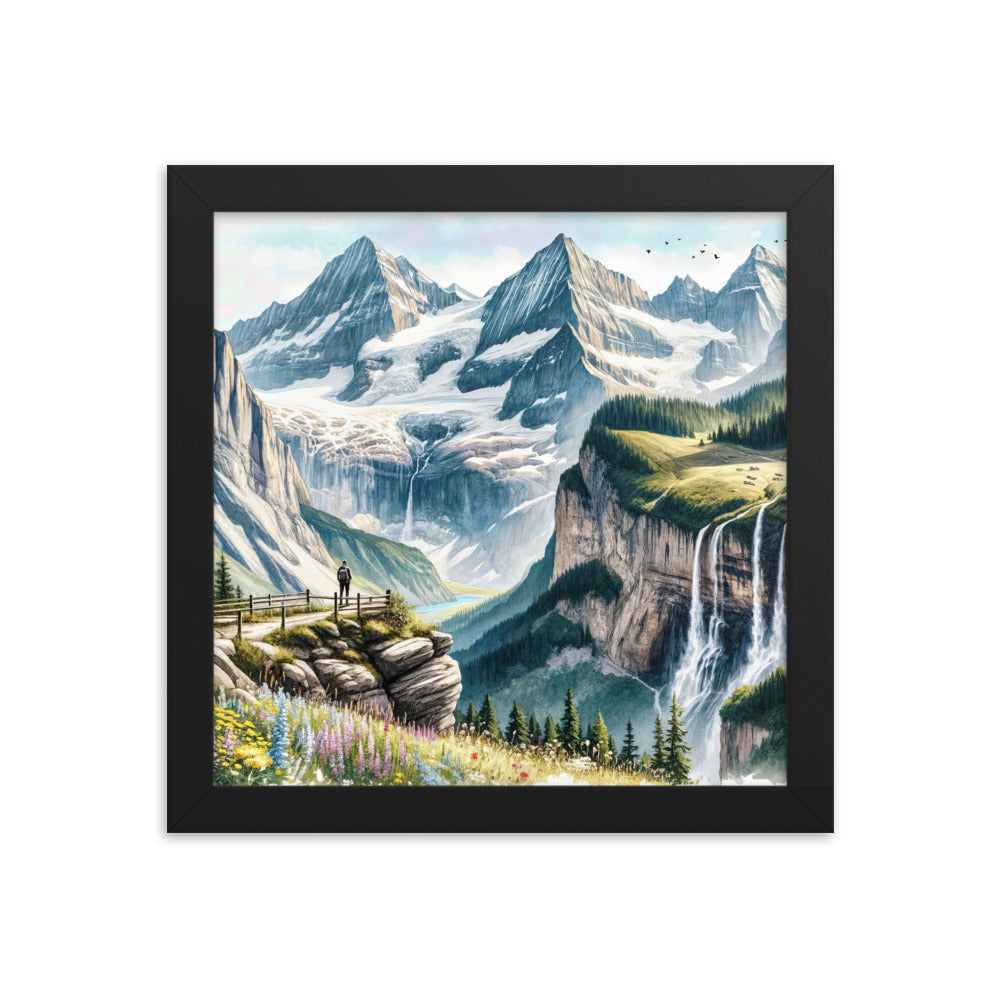 Aquarell-Panoramablick der Alpen mit schneebedeckten Gipfeln, Wasserfällen und Wanderern - Premium Poster mit Rahmen wandern xxx yyy zzz 25.4 x 25.4 cm