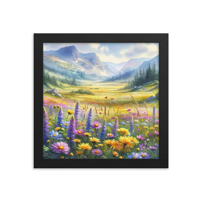Aquarell einer Almwiese in Ruhe, Wildblumenteppich in Gelb, Lila, Rosa - Premium Poster mit Rahmen berge xxx yyy zzz 25.4 x 25.4 cm