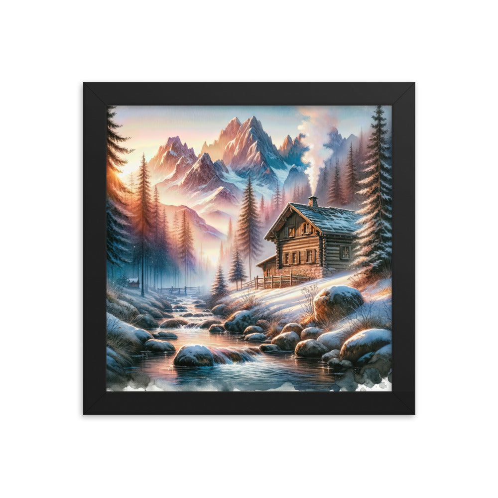 Aquarell einer Alpenszene im Morgengrauen, Haus in den Bergen - Premium Poster mit Rahmen berge xxx yyy zzz 25.4 x 25.4 cm