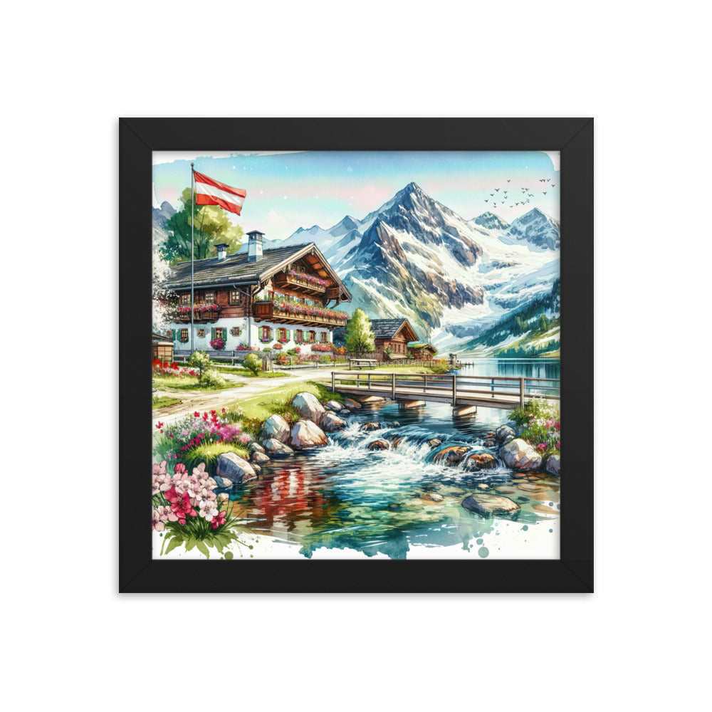 Aquarell der frühlingshaften Alpenkette mit österreichischer Flagge und schmelzendem Schnee - Premium Poster mit Rahmen berge xxx yyy zzz 25.4 x 25.4 cm