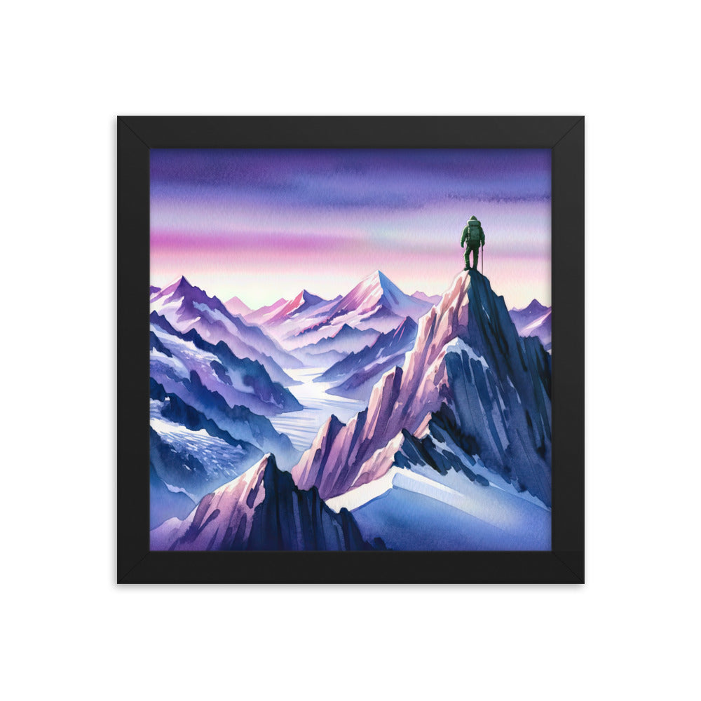 Aquarell eines Bergsteigers auf einem Alpengipfel in der Abenddämmerung - Premium Poster mit Rahmen wandern xxx yyy zzz 25.4 x 25.4 cm