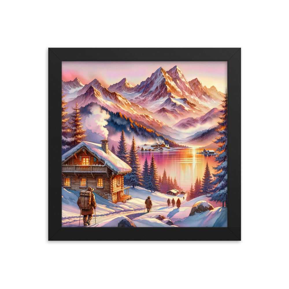 Aquarell eines Alpenpanoramas mit Wanderern bei Sonnenuntergang in Rosa und Gold - Premium Poster mit Rahmen wandern xxx yyy zzz 25.4 x 25.4 cm