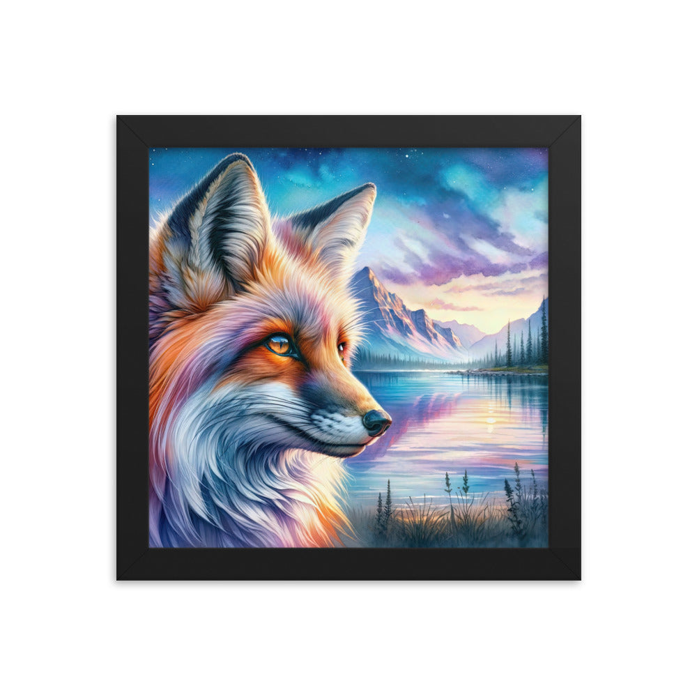 Aquarellporträt eines Fuchses im Dämmerlicht am Bergsee - Premium Poster mit Rahmen camping xxx yyy zzz 25.4 x 25.4 cm