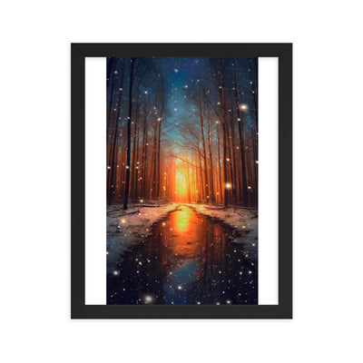 Bäume im Winter, Schnee, Sonnenaufgang und Fluss - Premium Poster mit Rahmen camping xxx Black 27.9 x 35.6 cm