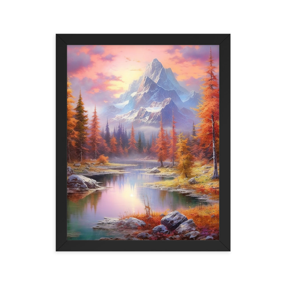 Landschaftsmalerei - Berge, Bäume, Bergsee und Herbstfarben - Premium Poster mit Rahmen berge xxx 27.9 x 35.6 cm