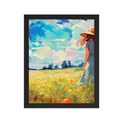 Dame mit Hut im Feld mit Blumen - Landschaftsmalerei - Premium Poster mit Rahmen camping xxx Black 27.9 x 35.6 cm