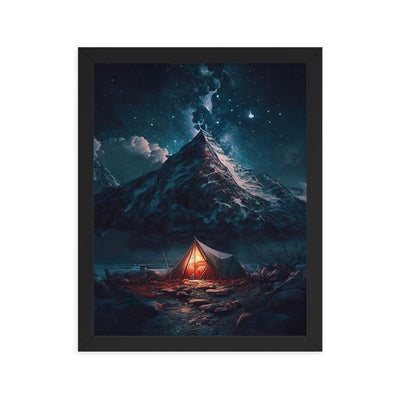 Zelt und Berg in der Nacht - Sterne am Himmel - Landschaftsmalerei - Premium Poster mit Rahmen camping xxx 27.9 x 35.6 cm