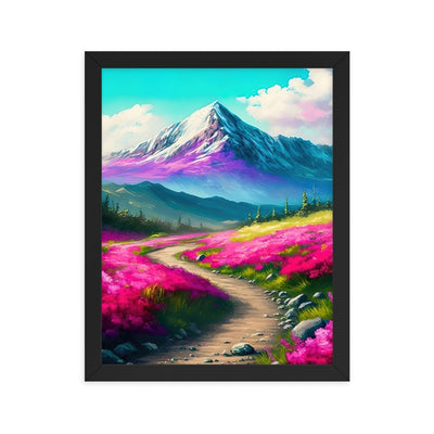 Berg, pinke Blumen und Wanderweg - Landschaftsmalerei - Premium Poster mit Rahmen berge xxx Black 27.9 x 35.6 cm