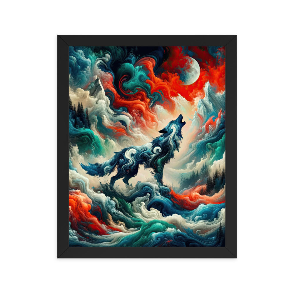 Abstrakte Kunst eines Wolfes in den Alpen mit Mustern aus eisigem Blau und Waldgrün verschmelzen mit feurigen Farben (AN) - Enhanced Matte xxx yyy zzz 27.9 x 35.6 cm