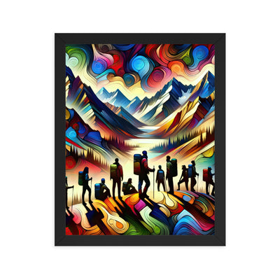 Abstraktes Kunstgemälde der Alpen voller lebendiger Muster. Ein vielfältiges Wanderteam, sowohl Männer als auch Frauen - Enhanced Matte wandern xxx yyy zzz 27.9 x 35.6 cm
