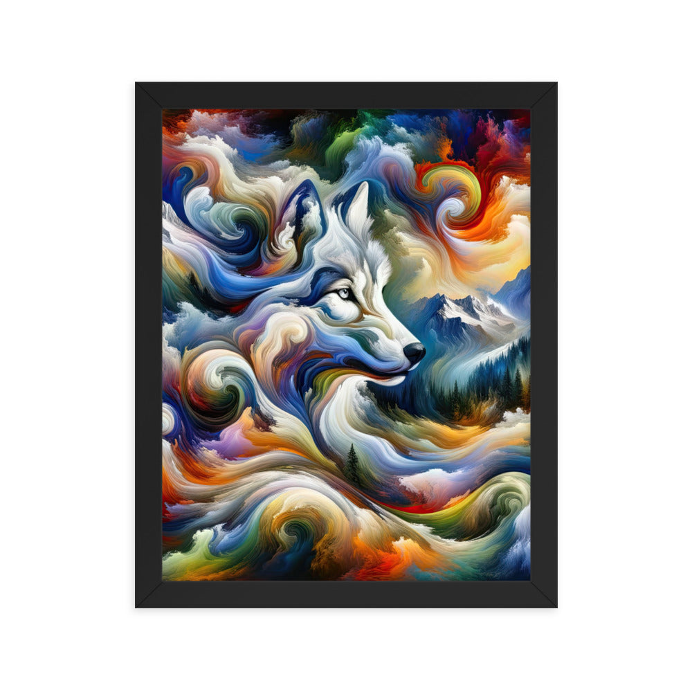 Abstraktes Alpen Gemälde: Wirbelnde Farben und Majestätischer Wolf, Silhouette (AN) - Premium Poster mit Rahmen xxx yyy zzz 27.9 x 35.6 cm