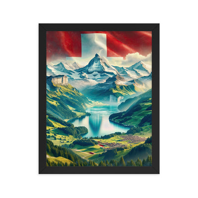 Berg Panorama: Schneeberge und Täler mit Schweizer Flagge - Premium Poster mit Rahmen berge xxx yyy zzz 27.9 x 35.6 cm