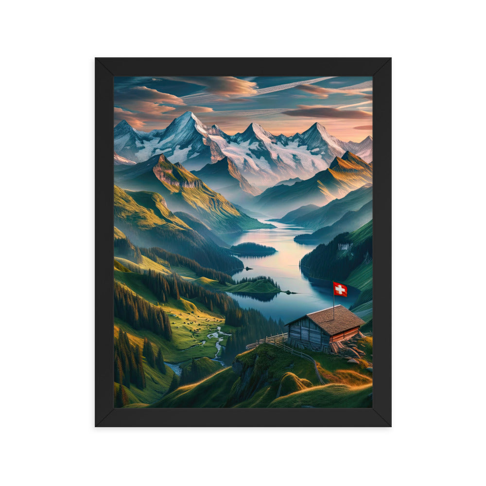 Schweizer Flagge, Alpenidylle: Dämmerlicht, epische Berge und stille Gewässer - Premium Poster mit Rahmen berge xxx yyy zzz 27.9 x 35.6 cm