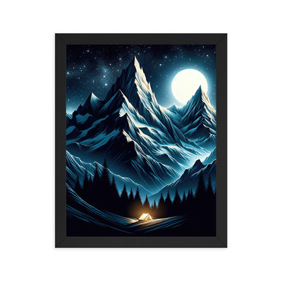 Alpennacht mit Zelt: Mondglanz auf Gipfeln und Tälern, sternenklarer Himmel - Premium Poster mit Rahmen berge xxx yyy zzz 27.9 x 35.6 cm