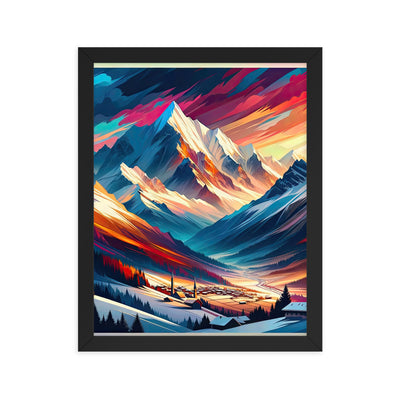 Moderne geometrische Alpen Kunst: Warmer Sonnenuntergangs Schein auf Schneegipfeln - Premium Poster mit Rahmen berge xxx yyy zzz 27.9 x 35.6 cm