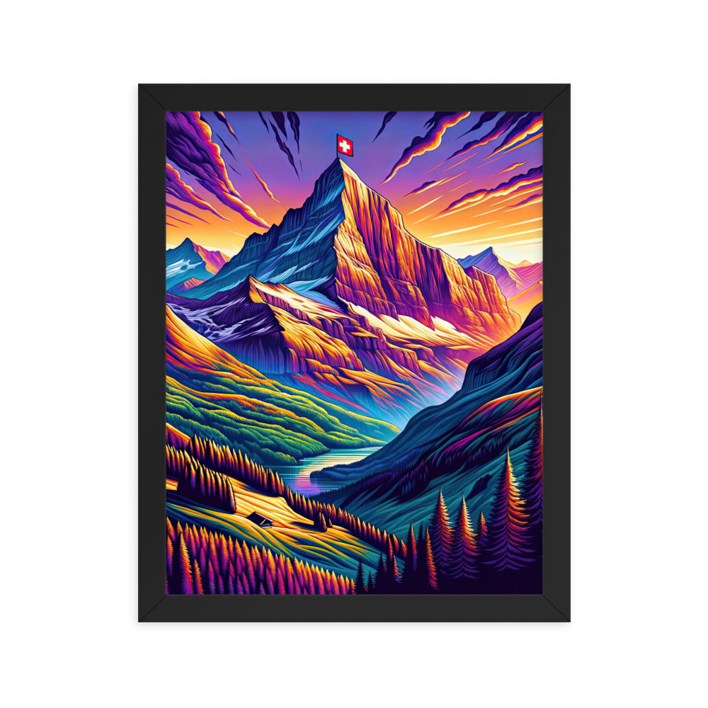 Bergpracht mit Schweizer Flagge: Farbenfrohe Illustration einer Berglandschaft - Premium Poster mit Rahmen berge xxx yyy zzz 27.9 x 35.6 cm