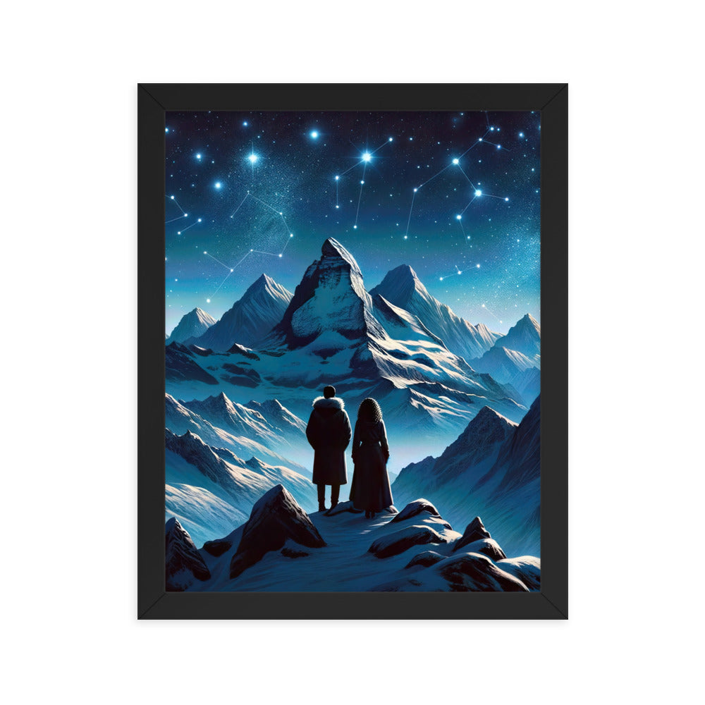 Alpenwinternacht: Digitale Kunst mit Wanderern in Bergen und Sternenhimmel - Premium Poster mit Rahmen wandern xxx yyy zzz 27.9 x 35.6 cm