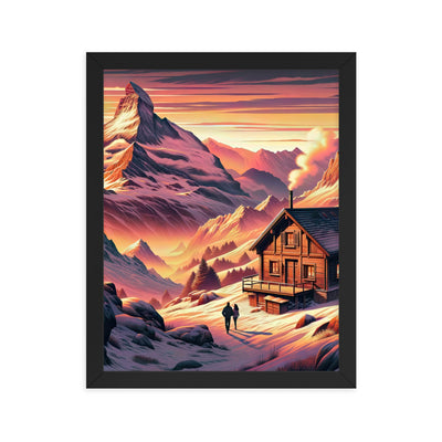 Berghütte im goldenen Sonnenuntergang: Digitale Alpenillustration - Premium Poster mit Rahmen berge xxx yyy zzz 27.9 x 35.6 cm