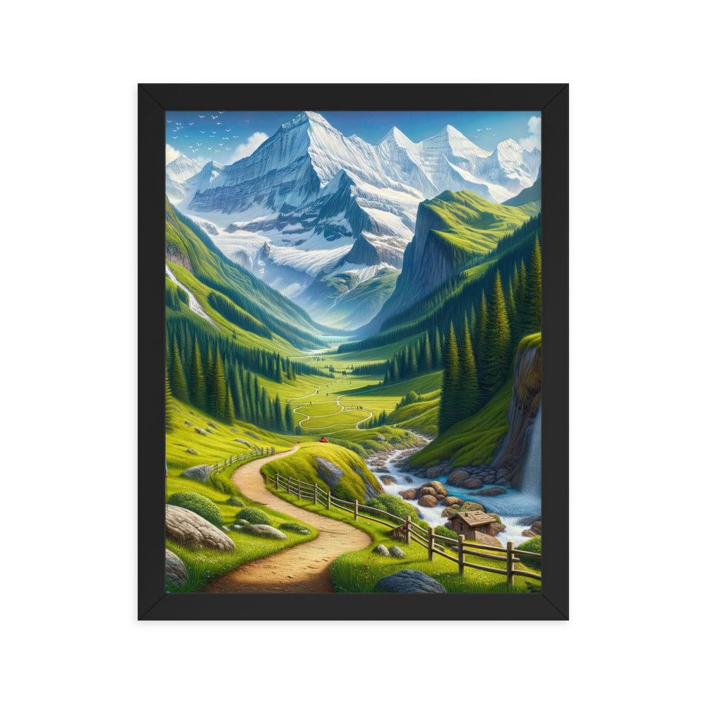 Wanderer in den Bergen und Wald: Digitale Malerei mit grünen kurvenreichen Pfaden - Premium Poster mit Rahmen wandern xxx yyy zzz 27.9 x 35.6 cm