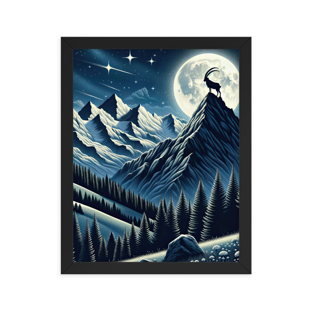 Steinbock in Alpennacht, silberne Berge und Sternenhimmel - Premium Poster mit Rahmen berge xxx yyy zzz 27.9 x 35.6 cm