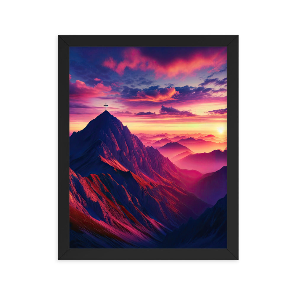 Dramatischer Alpen-Sonnenaufgang, Gipfelkreuz und warme Himmelsfarben - Premium Poster mit Rahmen berge xxx yyy zzz 27.9 x 35.6 cm