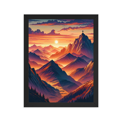 Dramatischer Alpen-Sonnenuntergang, Gipfelkreuz in Orange-Rosa - Premium Poster mit Rahmen berge xxx yyy zzz 27.9 x 35.6 cm