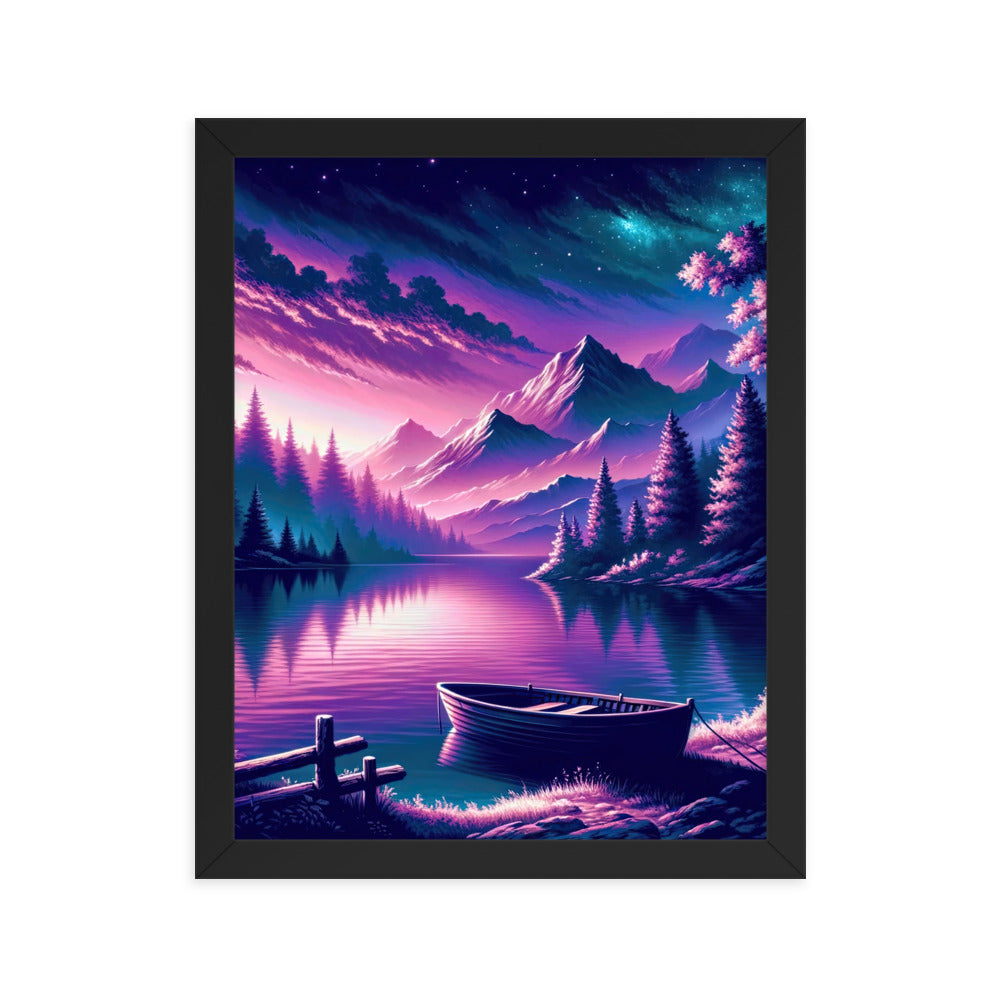 Magische Alpen-Dämmerung, rosa-lila Himmel und Bergsee mit Boot - Premium Poster mit Rahmen berge xxx yyy zzz 27.9 x 35.6 cm
