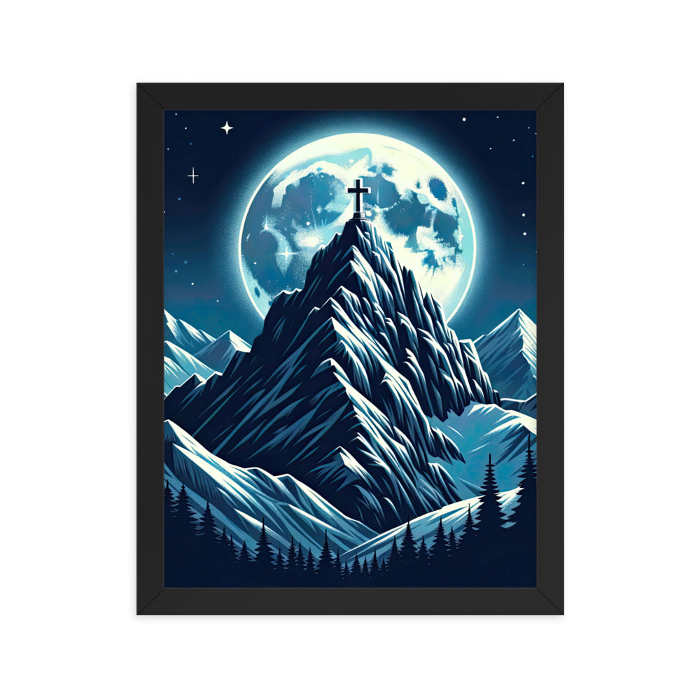 Mondnacht und Gipfelkreuz in den Alpen, glitzernde Schneegipfel - Premium Poster mit Rahmen berge xxx yyy zzz 27.9 x 35.6 cm