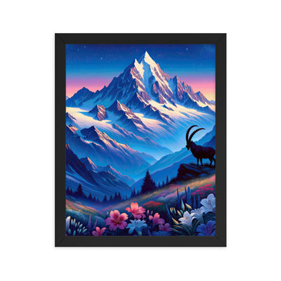 Steinbock bei Dämmerung in den Alpen, sonnengeküsste Schneegipfel - Premium Poster mit Rahmen berge xxx yyy zzz 27.9 x 35.6 cm