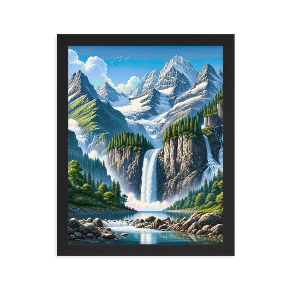 Illustration einer unberührten Alpenkulisse im Hochsommer. Wasserfall und See - Premium Poster mit Rahmen berge xxx yyy zzz 27.9 x 35.6 cm