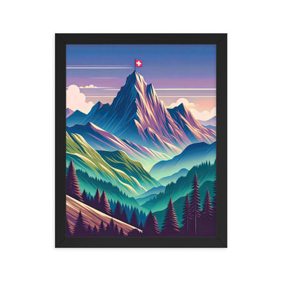 Harmonische Berglandschaft mit Schweizer Flagge auf Gipfel - Premium Poster mit Rahmen berge xxx yyy zzz 27.9 x 35.6 cm