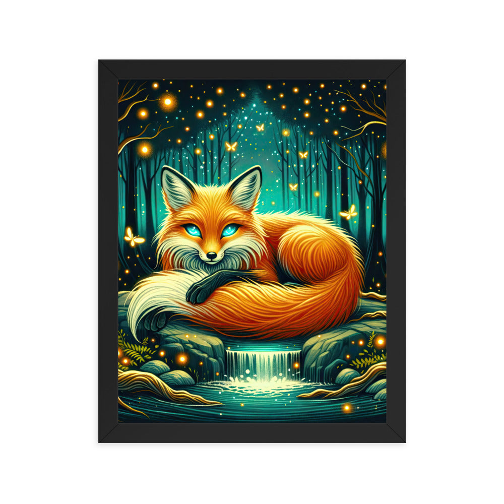 Bezaubernder Fuchs auf erleuchteter mystischer Waldlichtung - Premium Poster mit Rahmen camping xxx yyy zzz 27.9 x 35.6 cm
