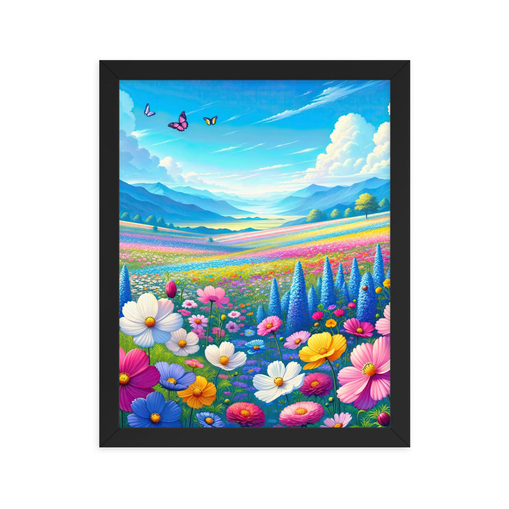 Weitläufiges Blumenfeld unter himmelblauem Himmel, leuchtende Flora - Premium Poster mit Rahmen camping xxx yyy zzz 27.9 x 35.6 cm
