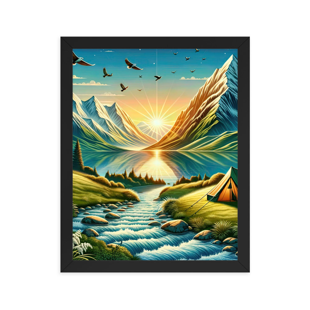 Zelt im Alpenmorgen mit goldenem Licht, Schneebergen und unberührten Seen - Premium Poster mit Rahmen berge xxx yyy zzz 27.9 x 35.6 cm
