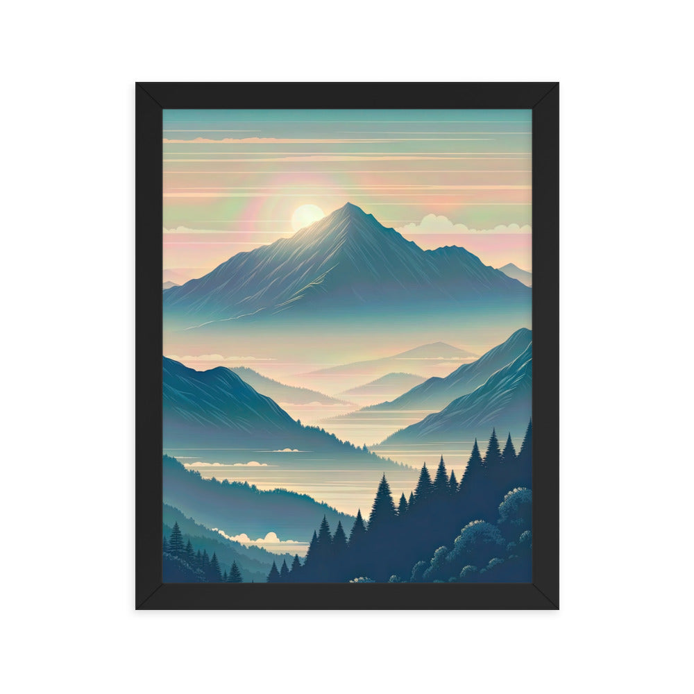 Bergszene bei Morgendämmerung, erste Sonnenstrahlen auf Bergrücken - Premium Poster mit Rahmen berge xxx yyy zzz 27.9 x 35.6 cm
