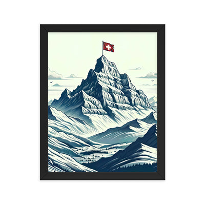 Ausgedehnte Bergkette mit dominierendem Gipfel und wehender Schweizer Flagge - Premium Poster mit Rahmen berge xxx yyy zzz 27.9 x 35.6 cm