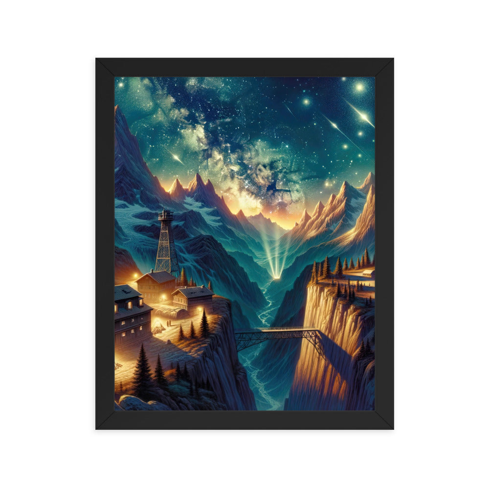 Alpine Wildnis mit Bergdorf unter sternenklarem Nachthimmel - Premium Poster mit Rahmen berge xxx yyy zzz 27.9 x 35.6 cm