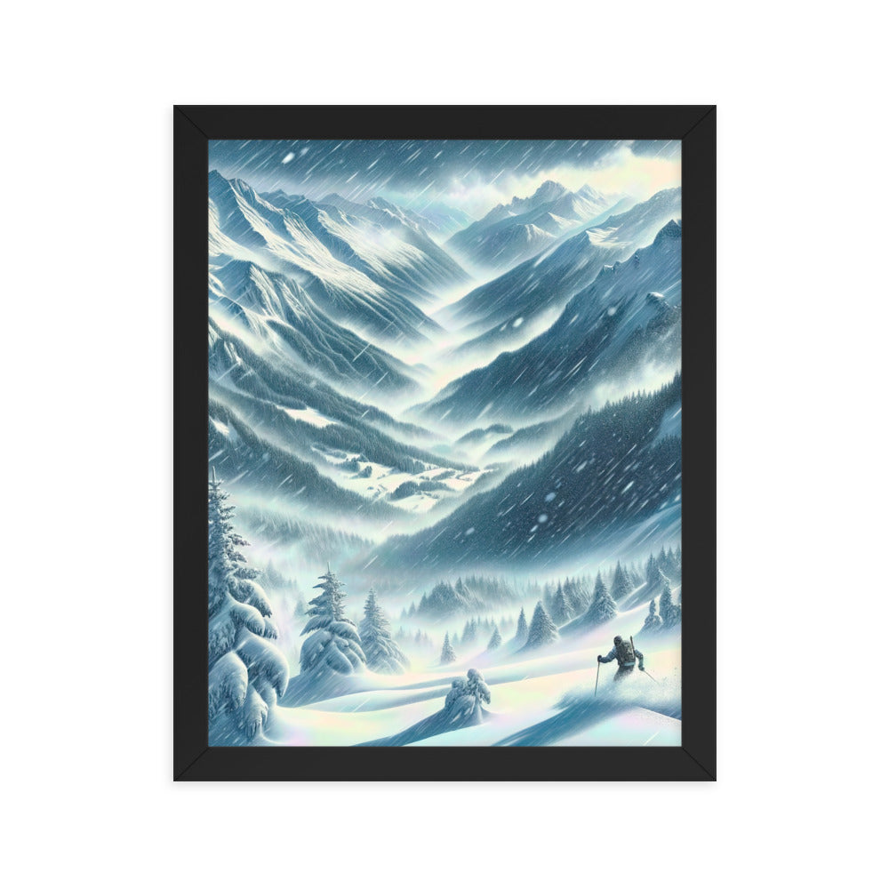 Alpine Wildnis im Wintersturm mit Skifahrer, verschneite Landschaft - Premium Poster mit Rahmen klettern ski xxx yyy zzz 27.9 x 35.6 cm