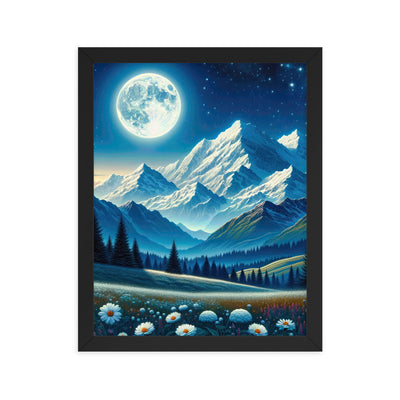 Klare frühlingshafte Alpennacht mit Blumen und Vollmond über Schneegipfeln - Premium Poster mit Rahmen berge xxx yyy zzz 27.9 x 35.6 cm